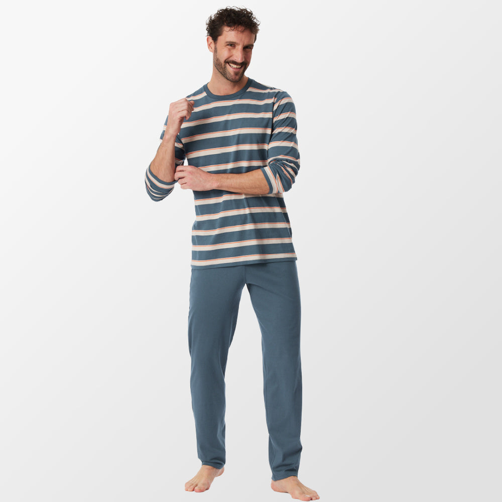 Schiesser, Striped pajamas Denim blue – Bosmans Slaapcomfort
