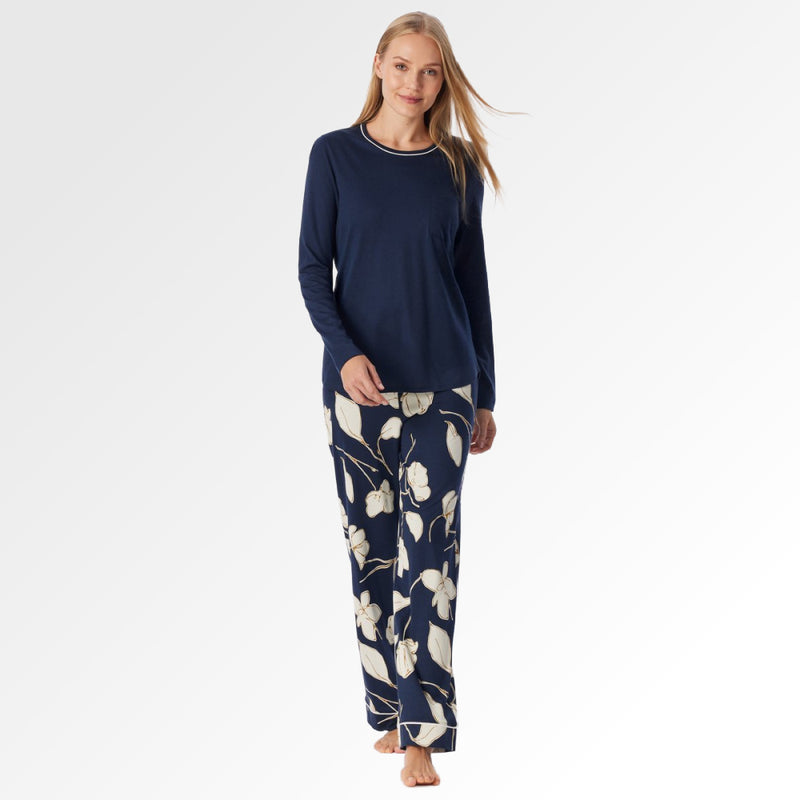 Pyjama deap sea blue met gebloemde broek van Schiesser
