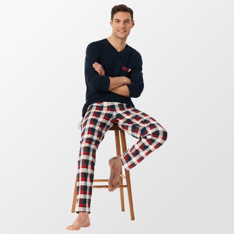 Pyjama nachtblauw met geruite broek van Schiesser