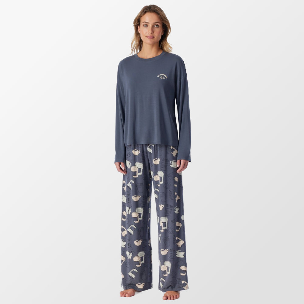 Pyjama blauwgrijs met koffiekopjes van Schiesser