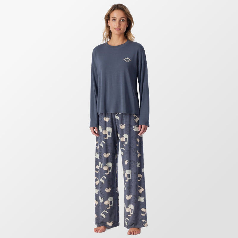 Blue-gray pajamas with coffee cups by Schiesser