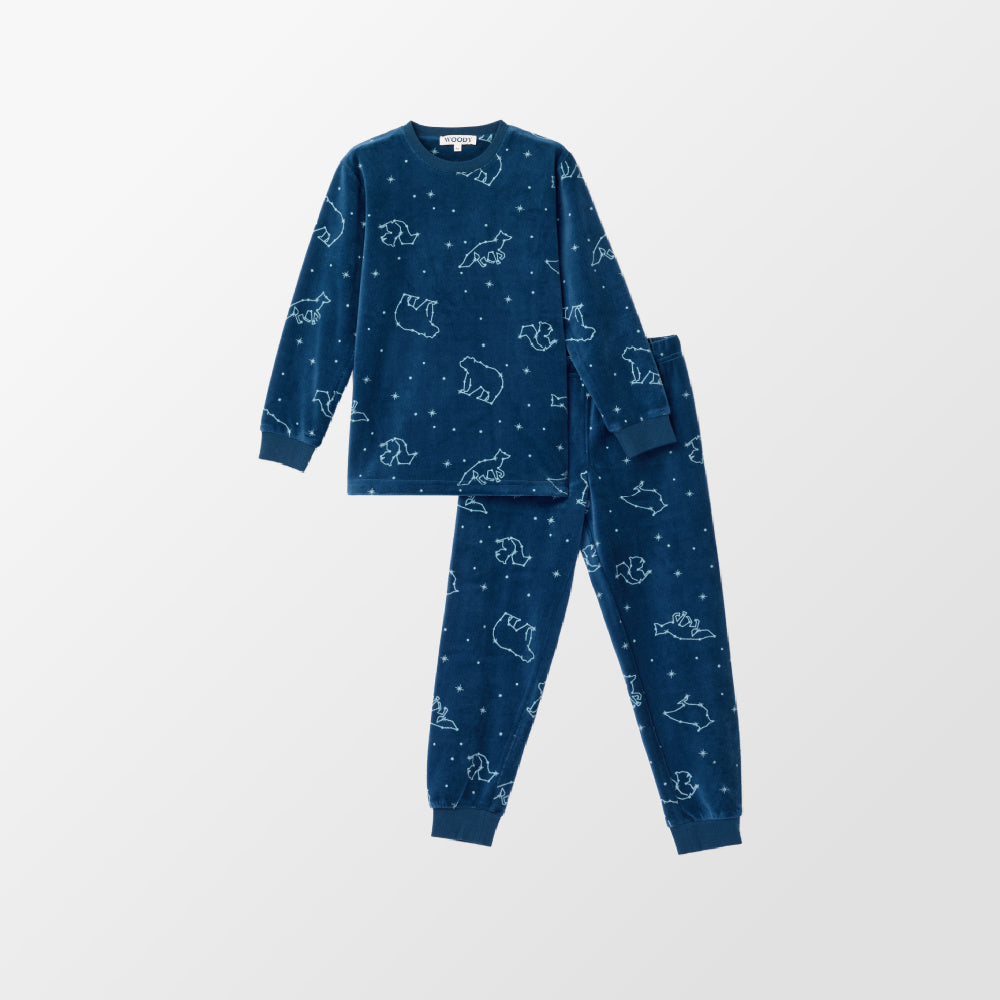 Donkerblauwe pyjama van Woody in zachte velours