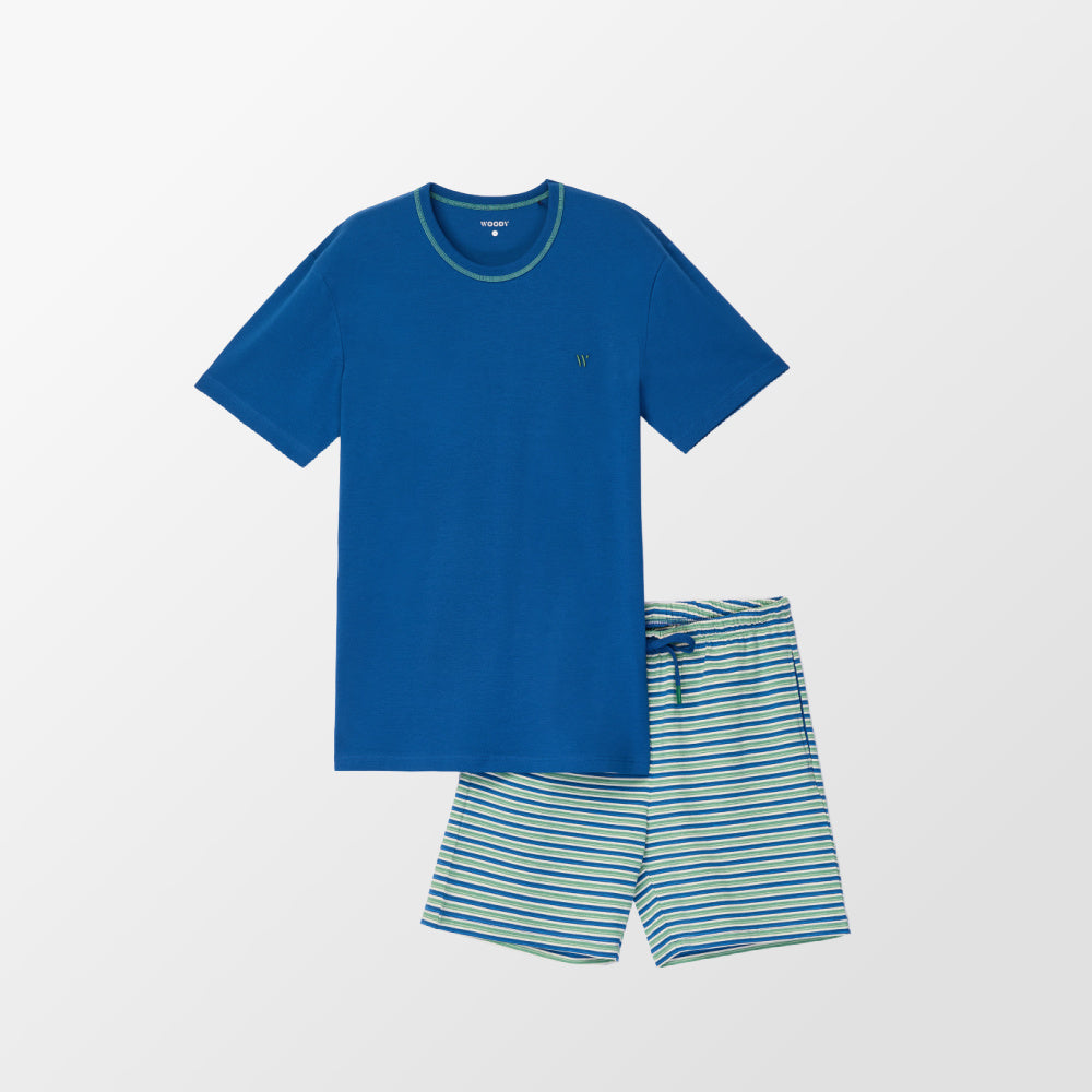 Pyjama blauw/groen gestreept avec T-shirt en bleu uni de Woody