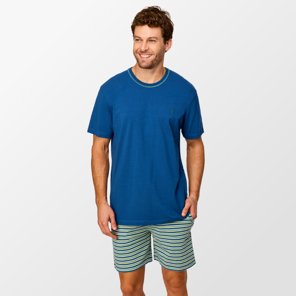 Pyjama blauw/groen gestreept avec logo subtilement brodé de Woody