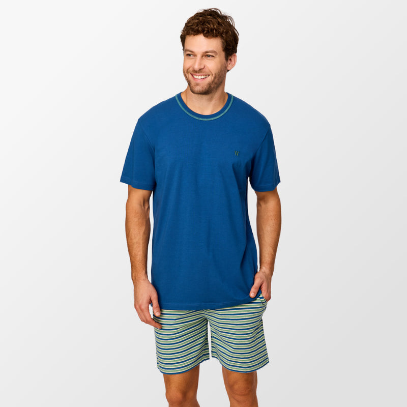 Pyjama blauw/groen gestreept avec logo subtilement brodé de Woody