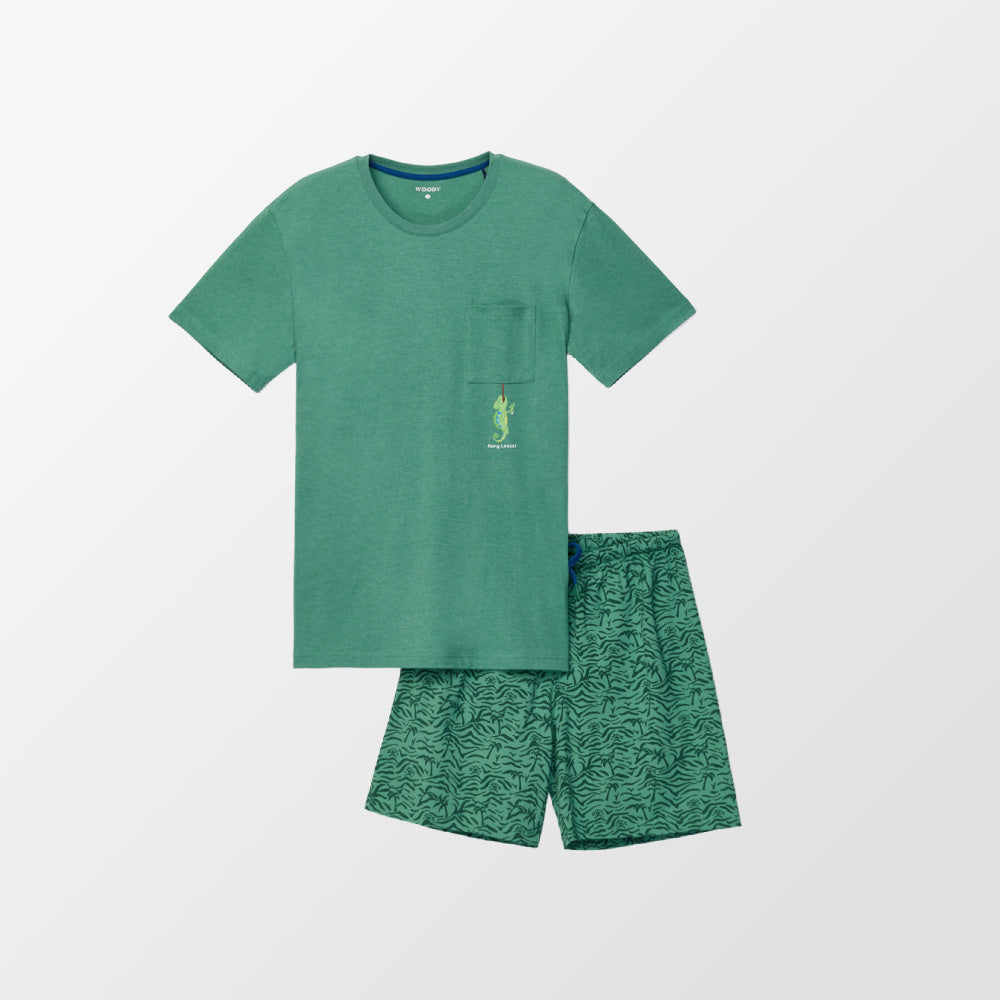 Woody pajamas with shorts in green with palm tree print