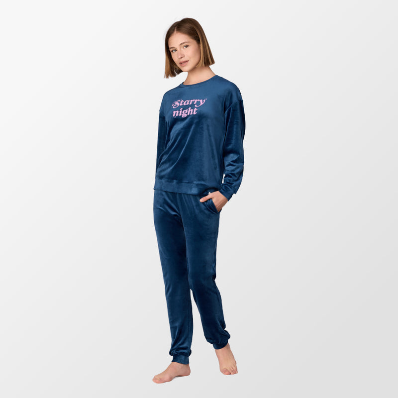 Donkerblauwe velours pyjama van Woody