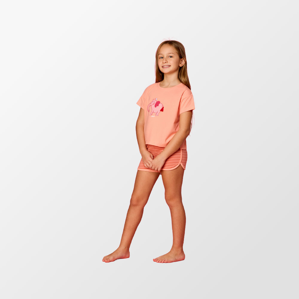Pyjama orange pêche avec short rayé de Woody