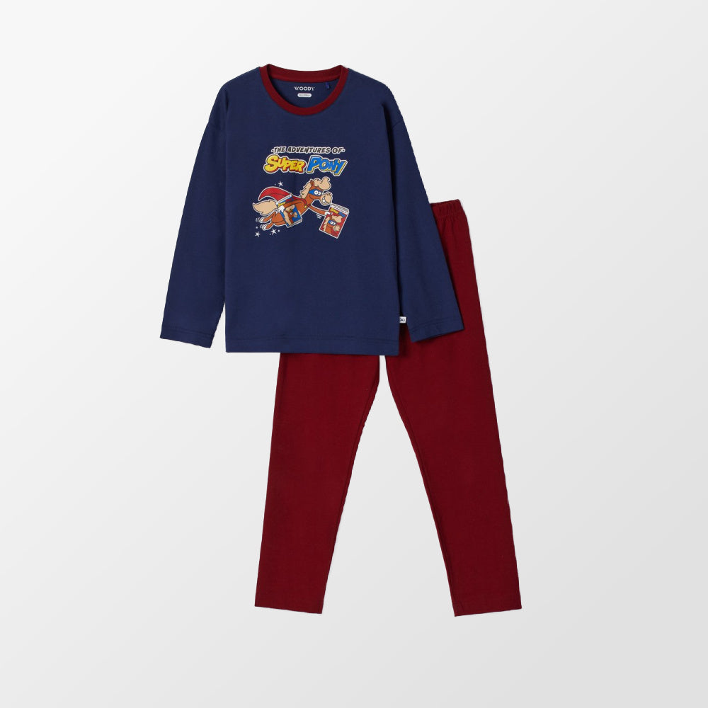 Pyjama van Woody in donkerblauw en donkerrood